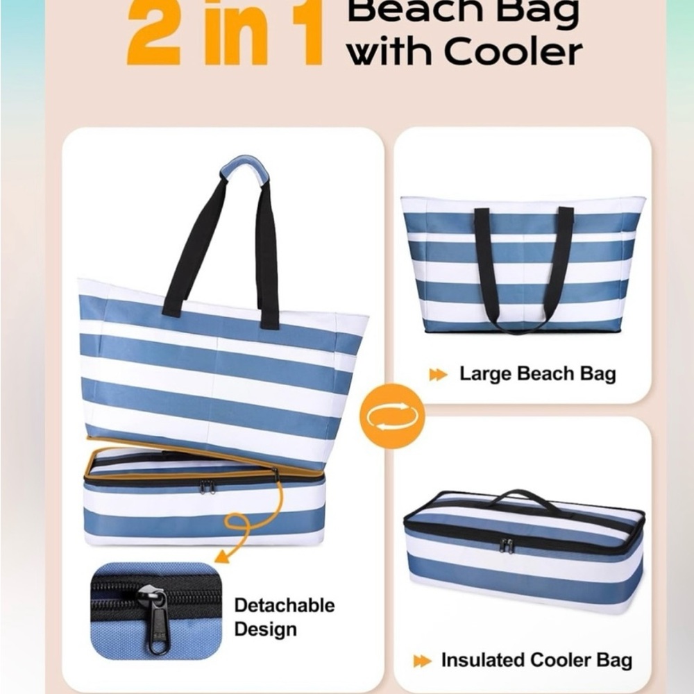 Striped Blue & White Swim/Beach Bag with Detachable Cooler NWOT - Picture 2 of 6